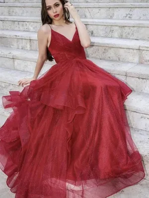 Shiny V Neck Sequins Burgundy Long Prom, V Neck Burgundy Formal, Sparkly Burgundy Evening