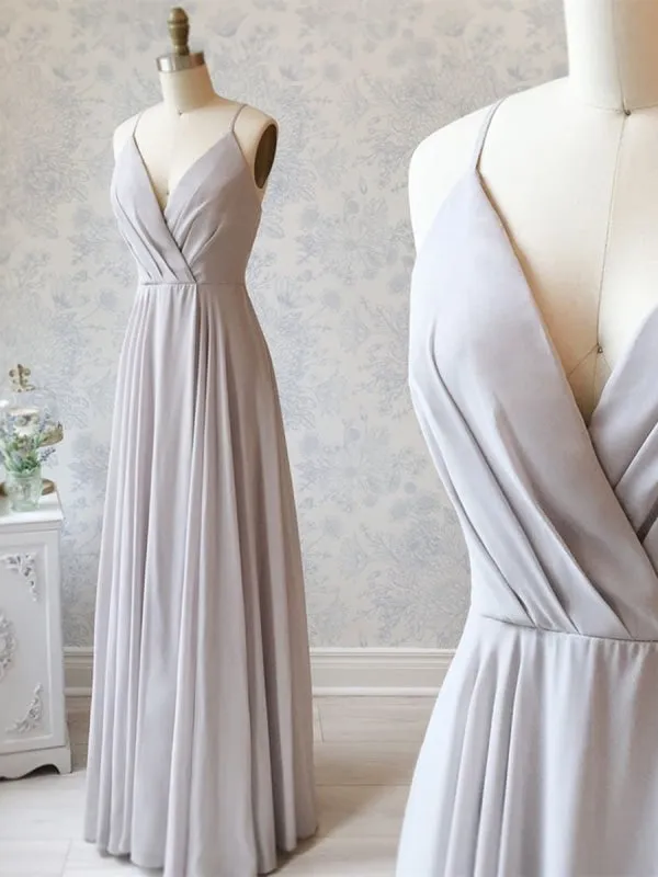 Simple A Line V Neck Long Gray Prom, V Neck Gray Formal Graduation Evening