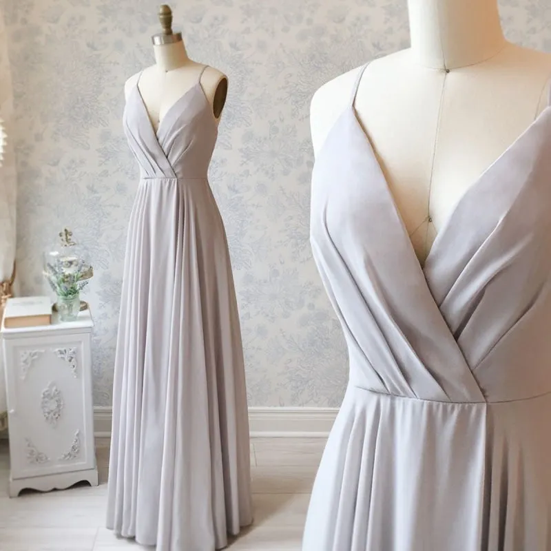 Simple A Line V Neck Long Gray Prom, V Neck Gray Formal Graduation Evening