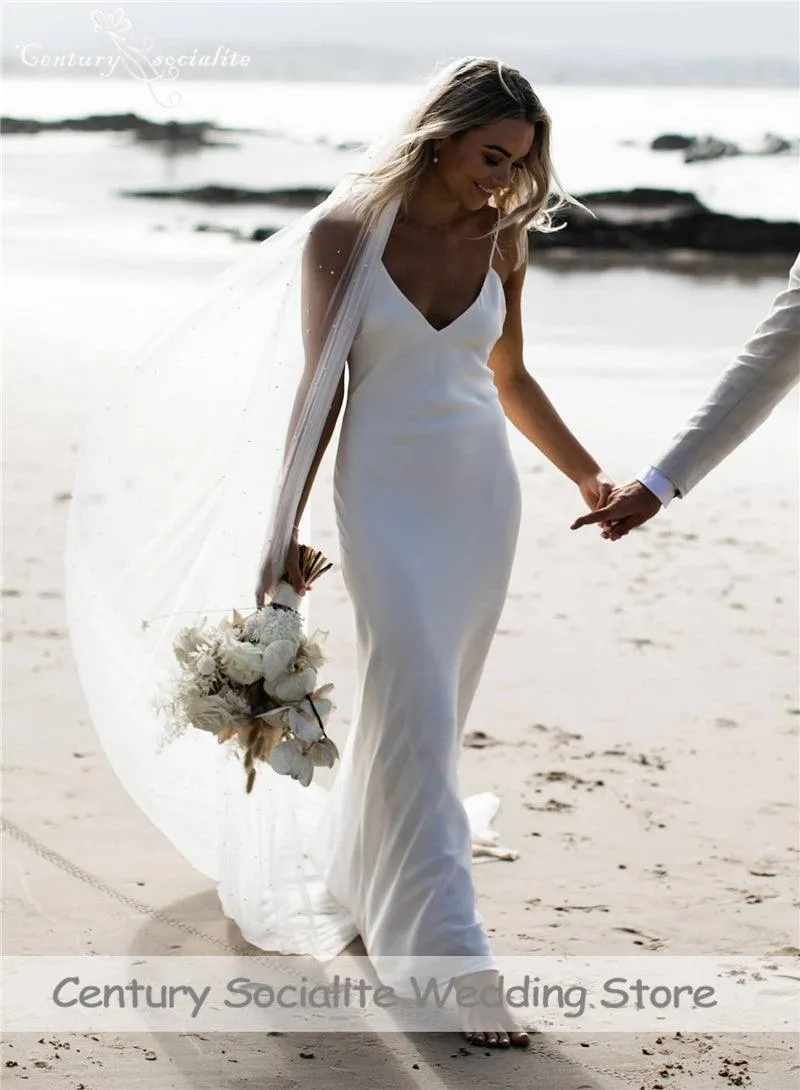 Simple Boho Wedding Dress Spaghetti Strap Chiffon Bridal Gown