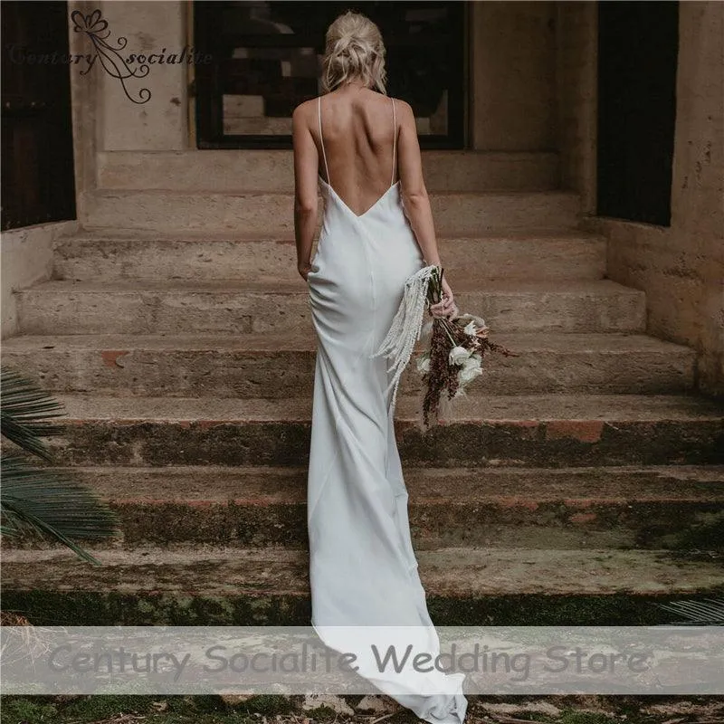 Simple Boho Wedding Dress Spaghetti Strap Chiffon Bridal Gown