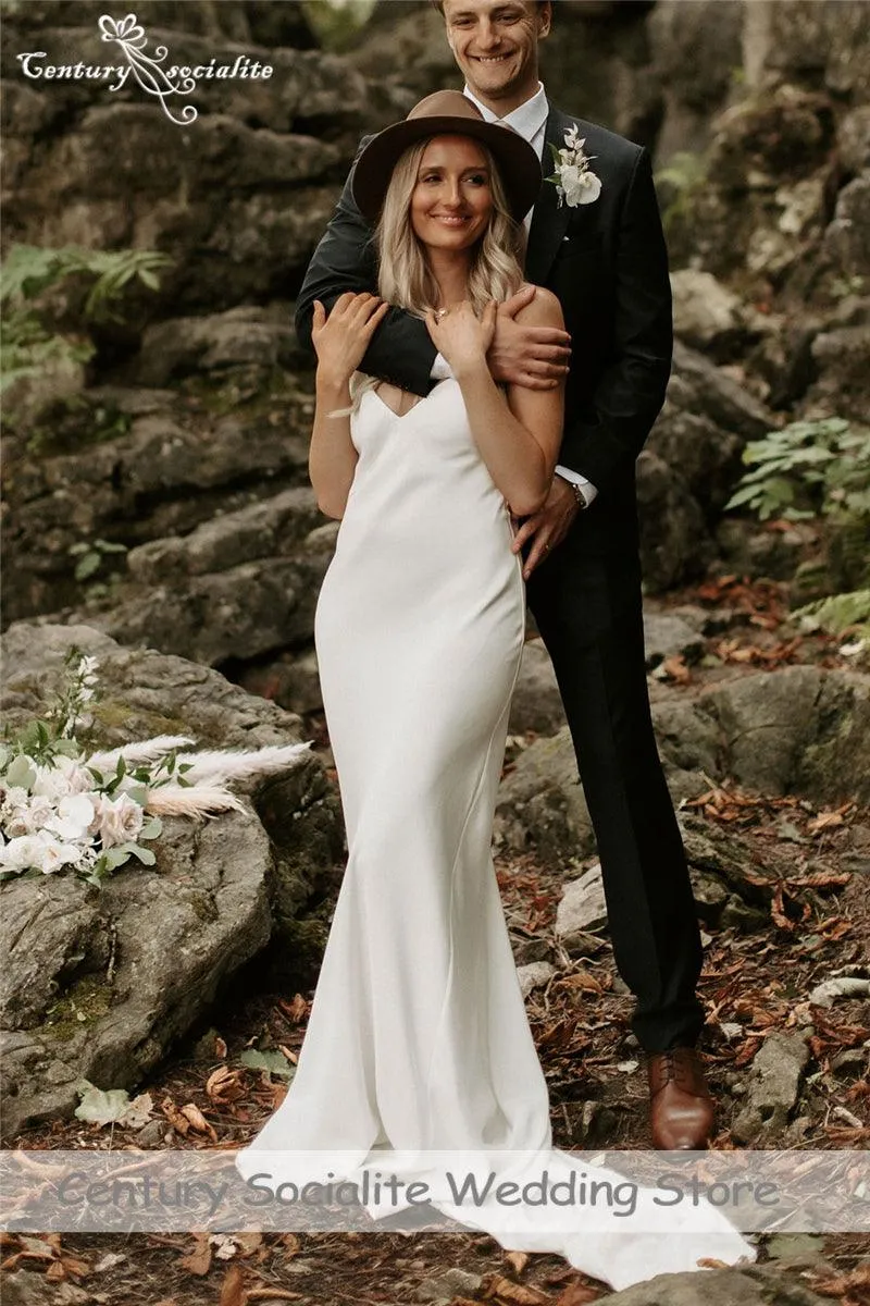Simple Boho Wedding Dress Spaghetti Strap Chiffon Bridal Gown