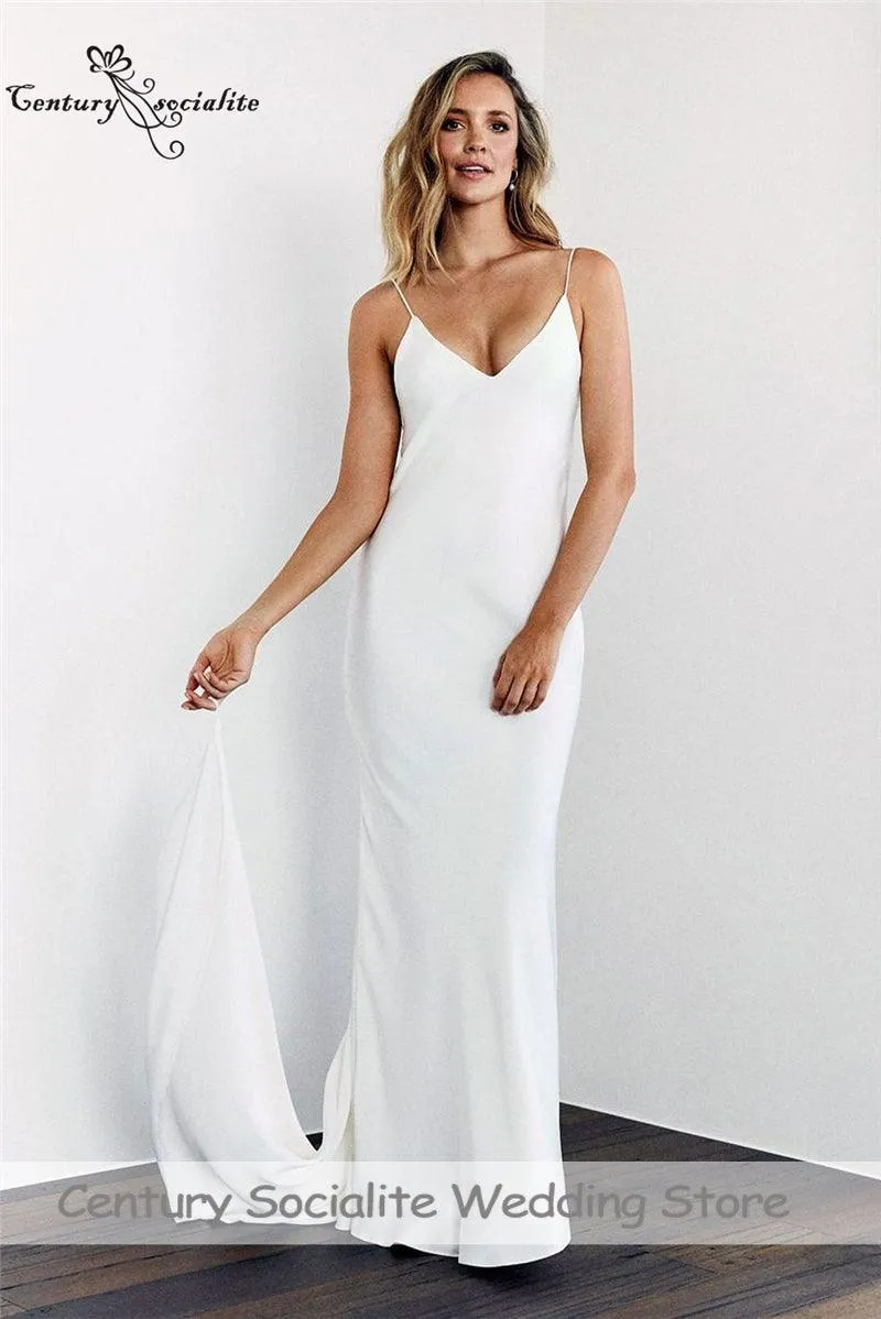 Simple Boho Wedding Dress Spaghetti Strap Chiffon Bridal Gown