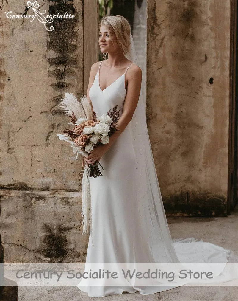 Simple Boho Wedding Dress Spaghetti Strap Chiffon Bridal Gown