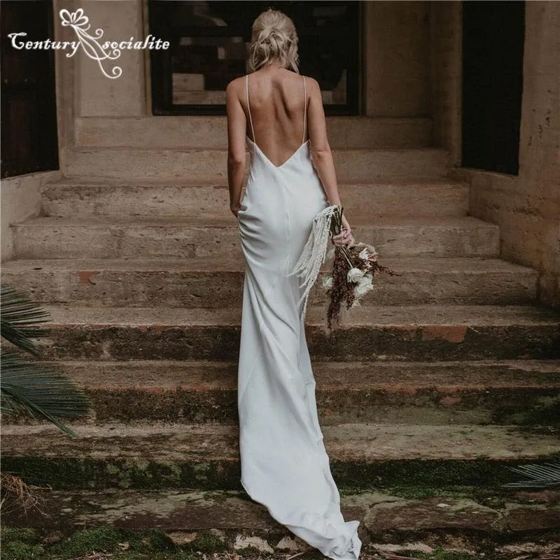 Simple Boho Wedding Dress Spaghetti Strap Chiffon Bridal Gown
