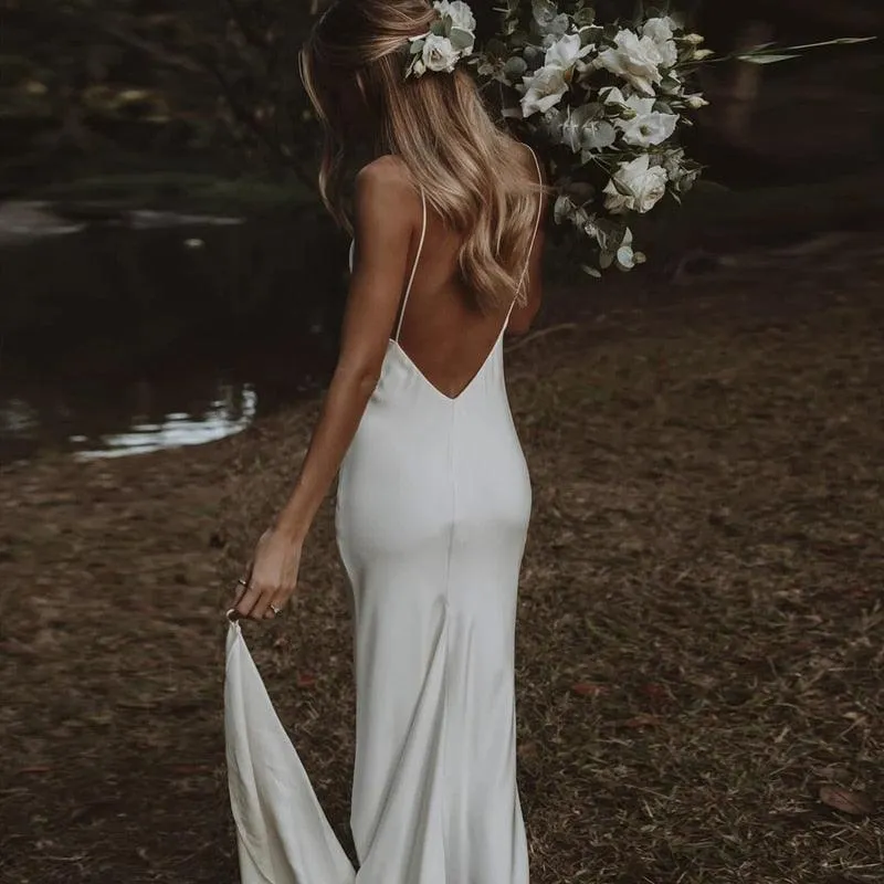 Simple Boho Wedding Dress Spaghetti Strap Chiffon Bridal Gown