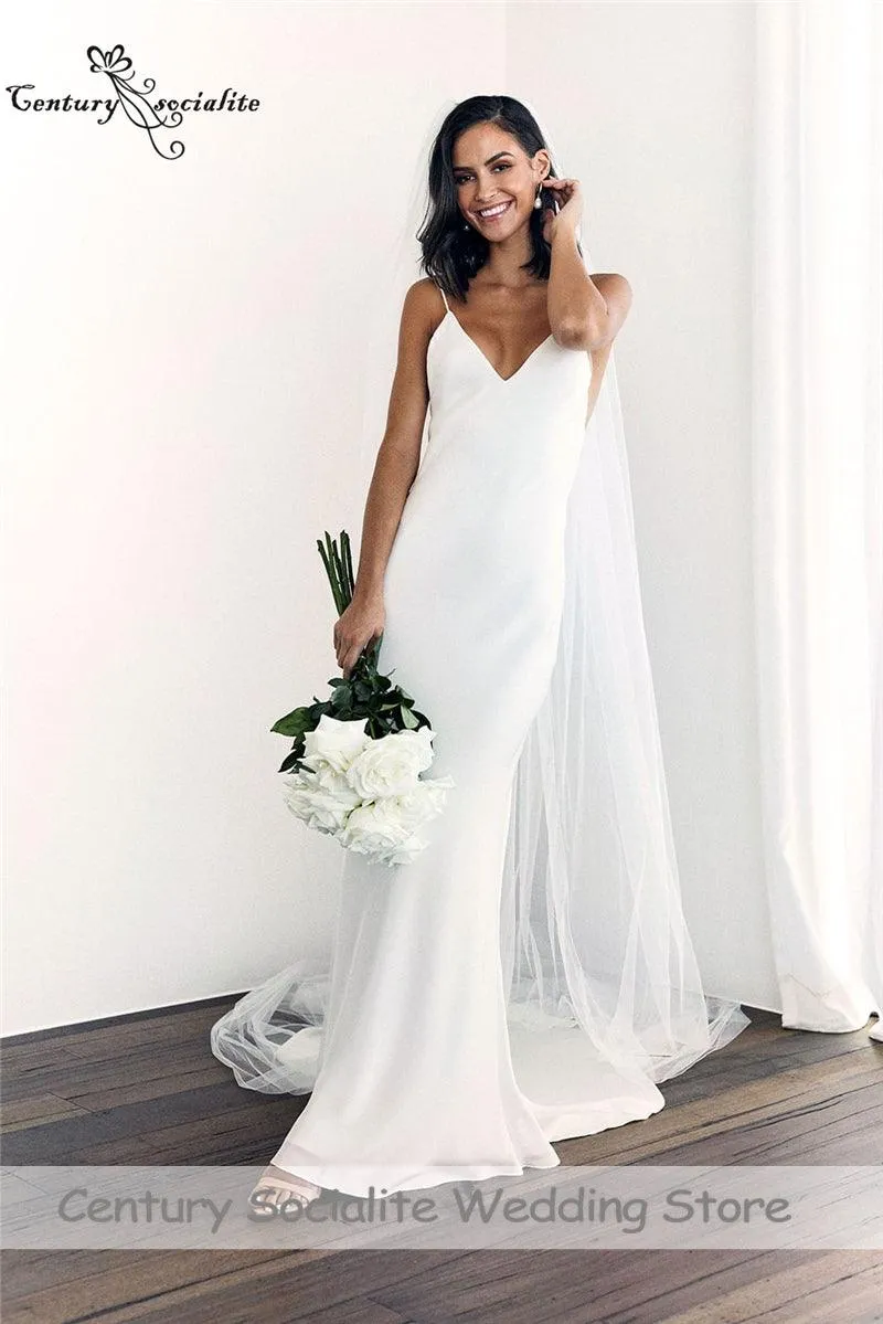 Simple Boho Wedding Dress Spaghetti Strap Chiffon Bridal Gown