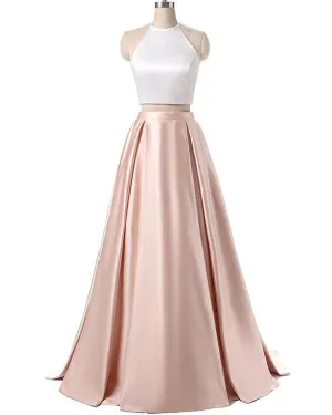 Simple Two Pieces Prom Dresses Satin Ruffles Long Prom Party Gowns 2018