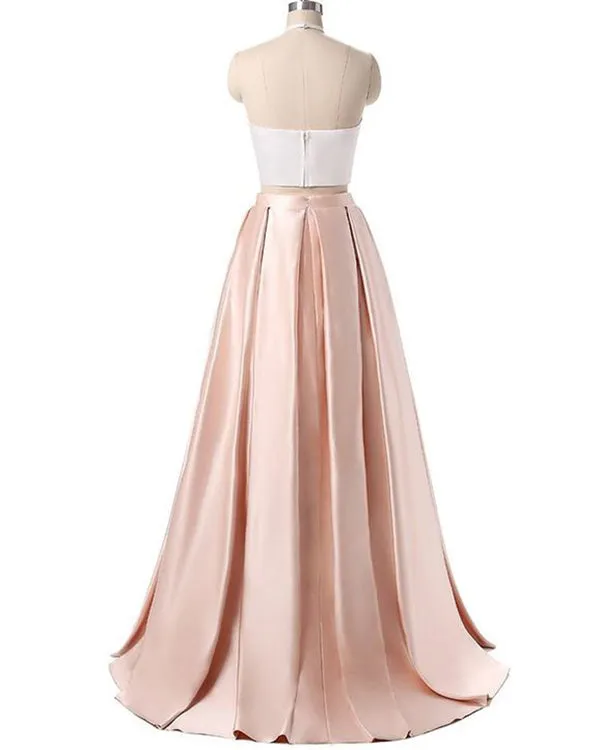 Simple Two Pieces Prom Dresses Satin Ruffles Long Prom Party Gowns 2018