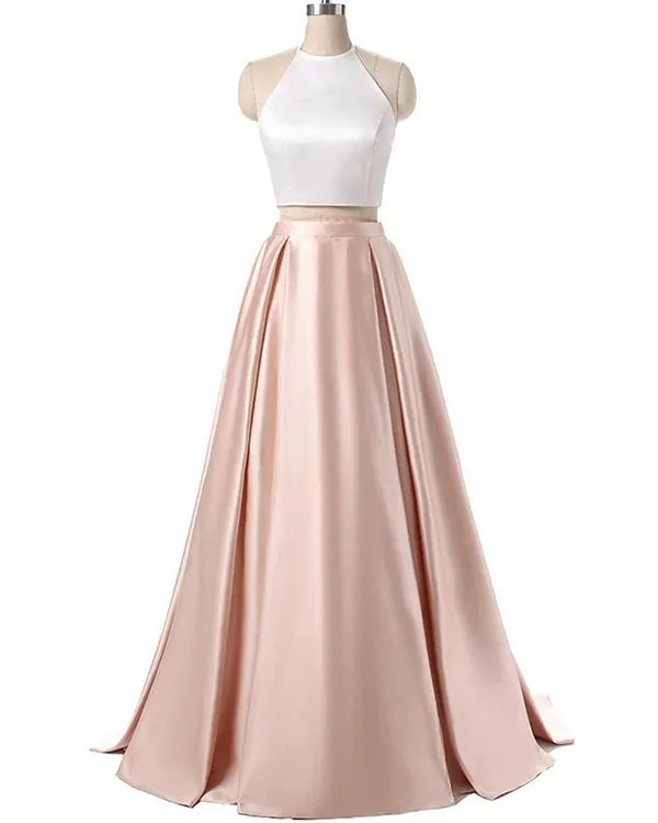 Simple Two Pieces Prom Dresses Satin Ruffles Long Prom Party Gowns 2018