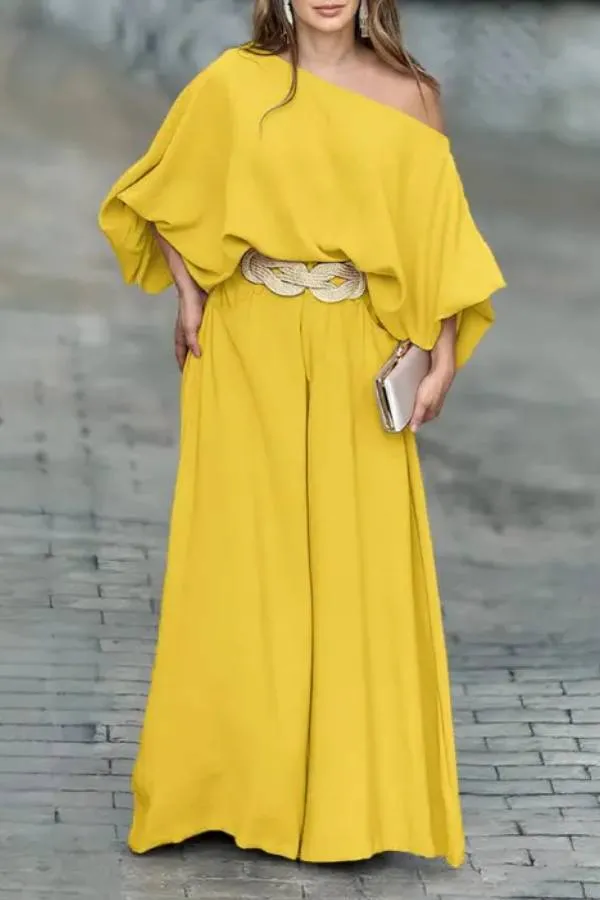 Skew Neck Lantern Sleeve Top & Wide Leg Pants Set