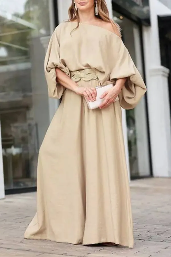 Skew Neck Lantern Sleeve Top & Wide Leg Pants Set