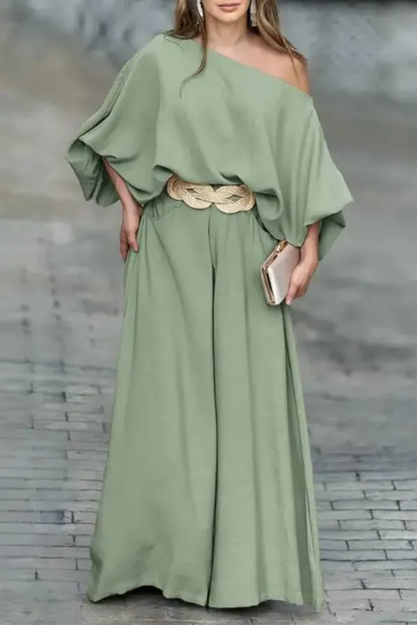 Skew Neck Lantern Sleeve Top & Wide Leg Pants Set