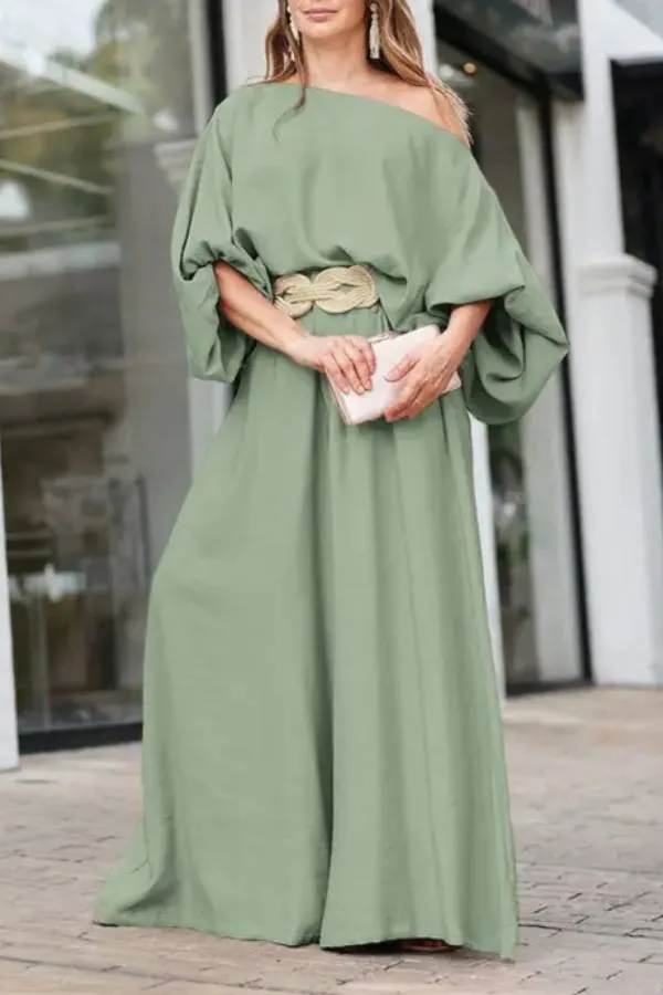 Skew Neck Lantern Sleeve Top & Wide Leg Pants Set