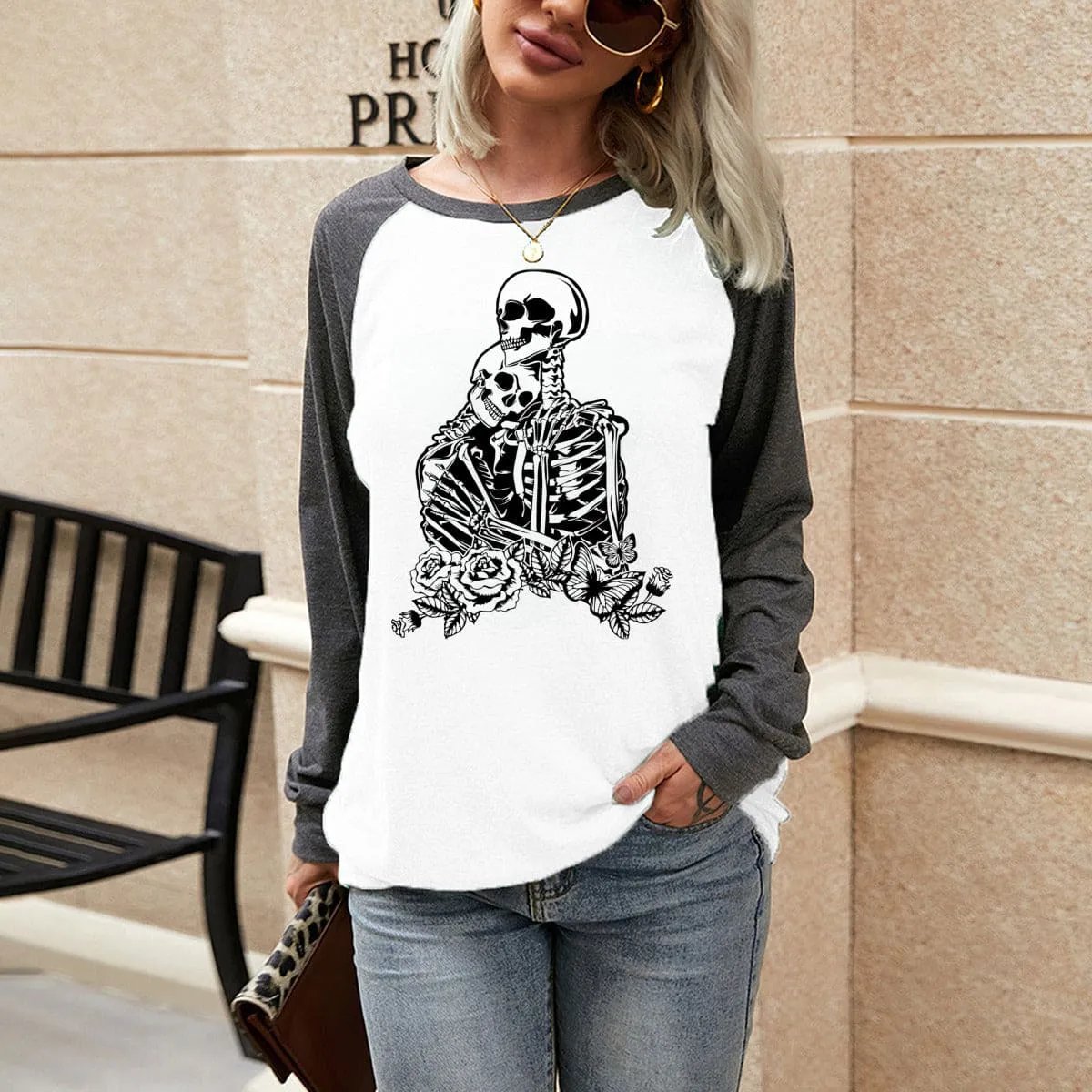 Skull Lovers Women's Two-Colors Crew Neck Printed Casual T-shirt