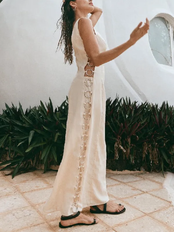 Sleeveless Maxi Dress with Decorative Hoops and High Neckline