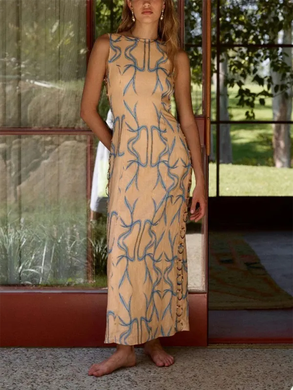 Sleeveless Maxi Dress with Decorative Hoops and High Neckline