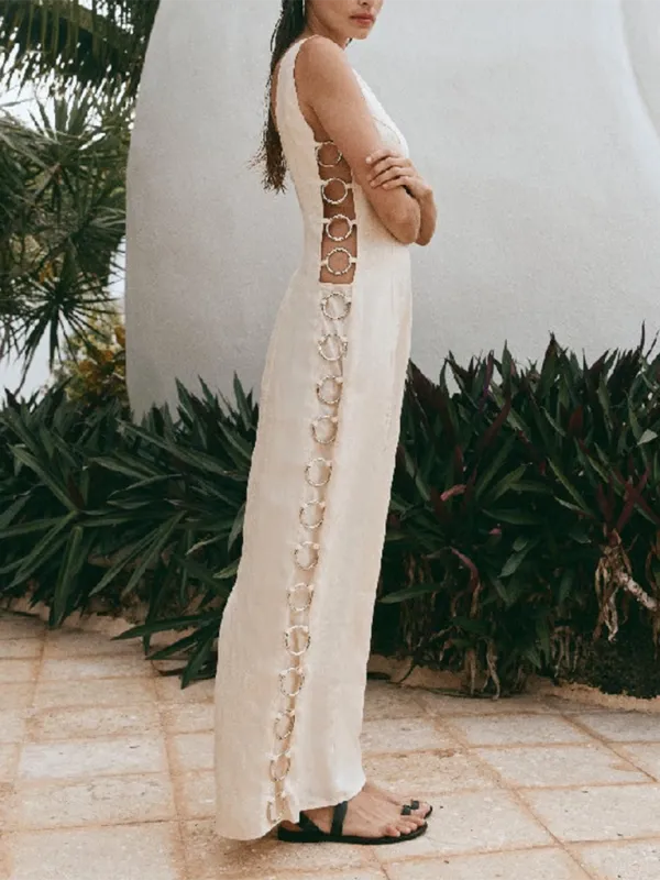 Sleeveless Maxi Dress with Decorative Hoops and High Neckline