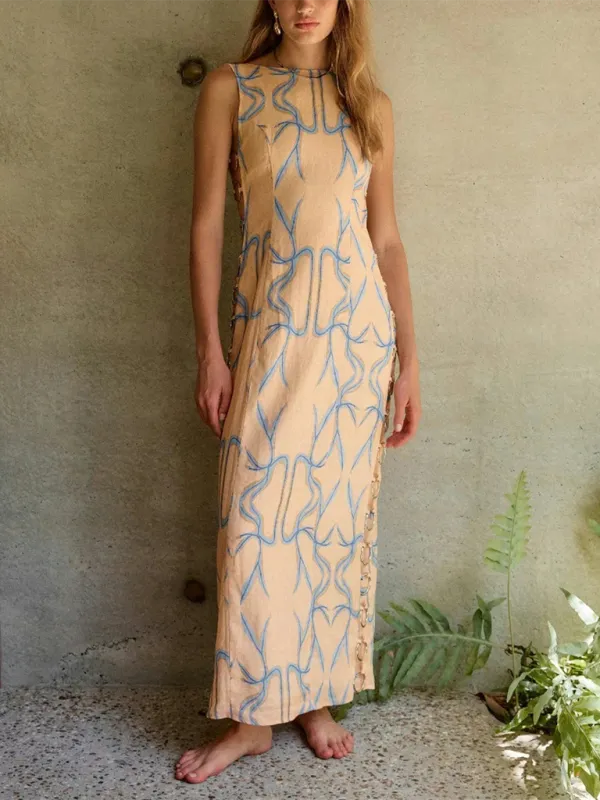 Sleeveless Maxi Dress with Decorative Hoops and High Neckline