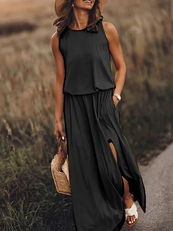 Sleeveless Maxi Dress with Round Neck and Side Slit