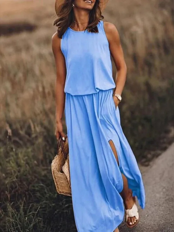 Sleeveless Maxi Dress with Round Neck and Side Slit