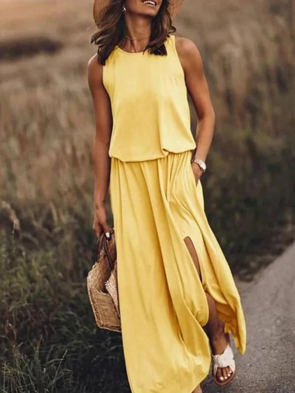 Sleeveless Maxi Dress with Round Neck and Side Slit