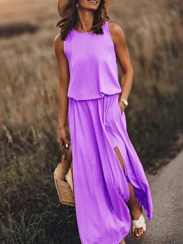 Sleeveless Maxi Dress with Round Neck and Side Slit