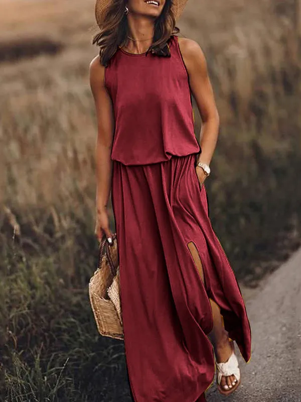 Sleeveless Maxi Dress with Round Neck and Side Slit
