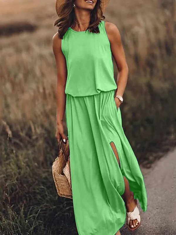 Sleeveless Maxi Dress with Round Neck and Side Slit