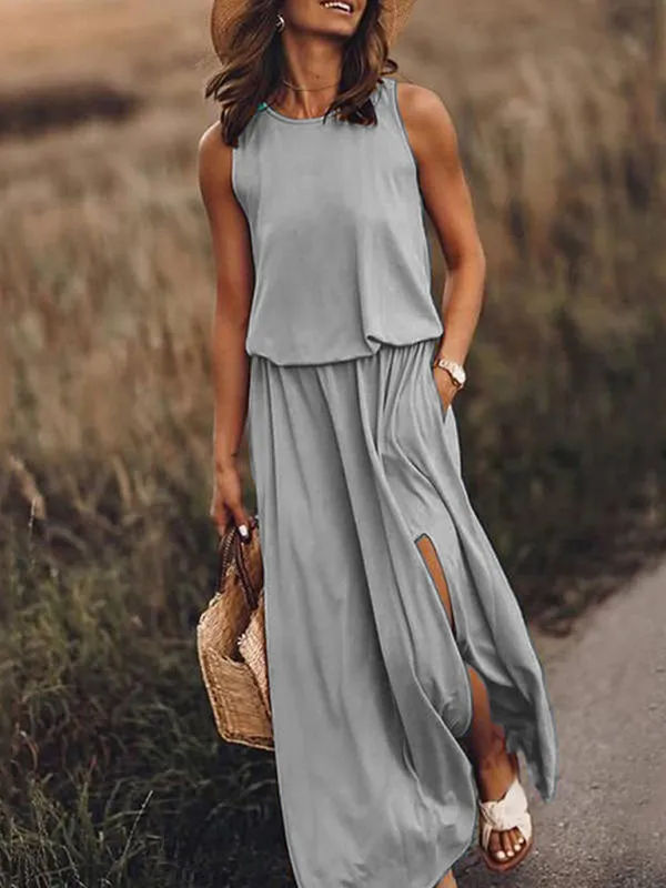 Sleeveless Maxi Dress with Round Neck and Side Slit