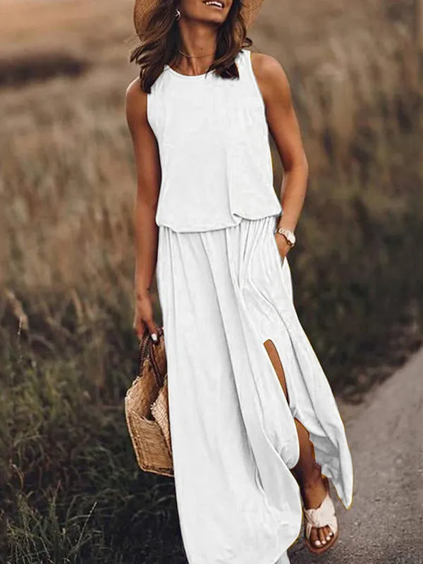 Sleeveless Maxi Dress with Round Neck and Side Slit