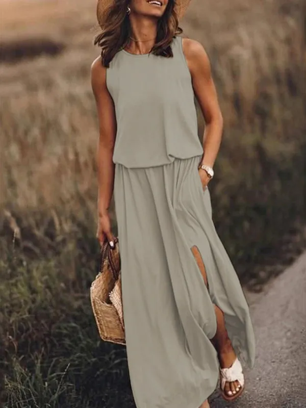 Sleeveless Maxi Dress with Round Neck and Side Slit