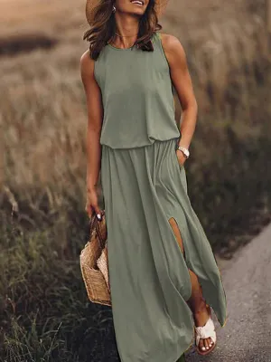 Sleeveless Maxi Dress with Round Neck and Side Slit
