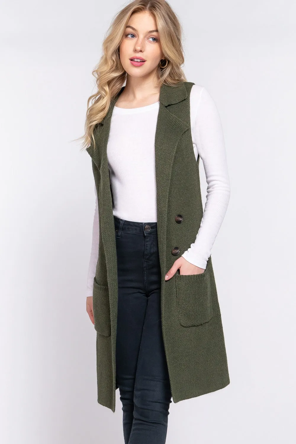 Sleeveless Notched Collar Long Sweater Vest *FINAL SALE*
