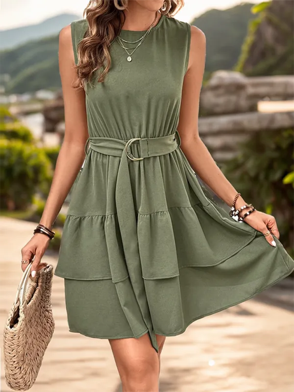 Sleeveless Tiered Dress with Belted Waist and Solid Print