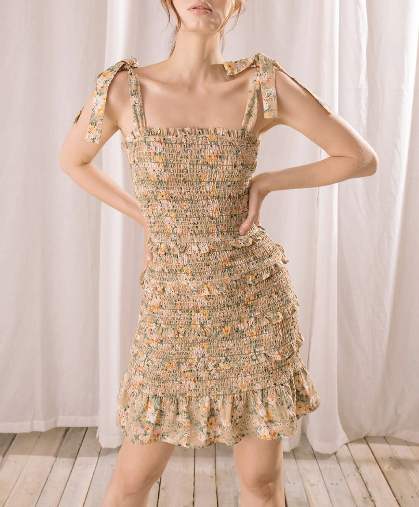 Smock Floral Gold Eyelet Mini Dress