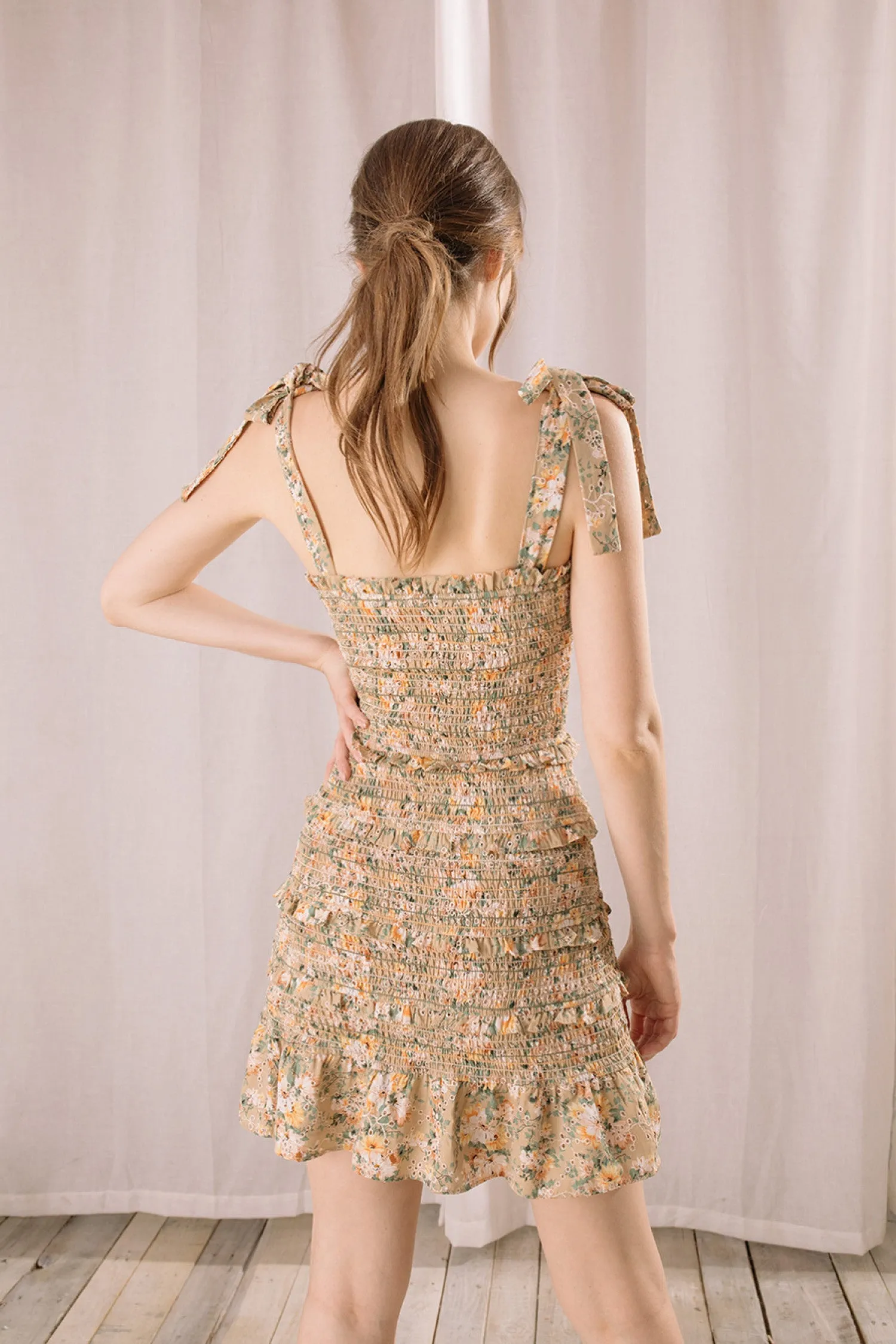 Smock Floral Gold Eyelet Mini Dress