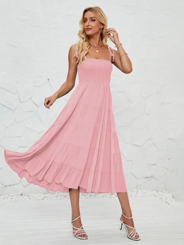 Smocked Bodice Midi Dress with Adjustable Straps and Tiered Skirt