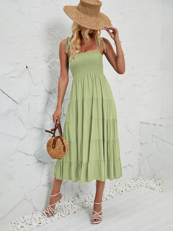 Smocked Bodice Midi Dress with Adjustable Straps and Tiered Skirt