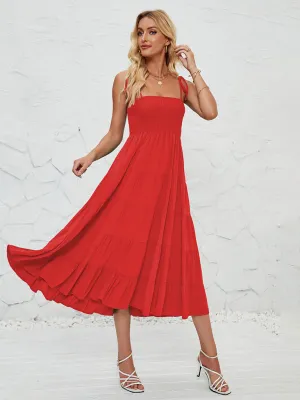 Smocked Bodice Midi Dress with Adjustable Straps and Tiered Skirt