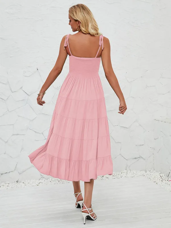 Smocked Bodice Midi Dress with Adjustable Straps and Tiered Skirt