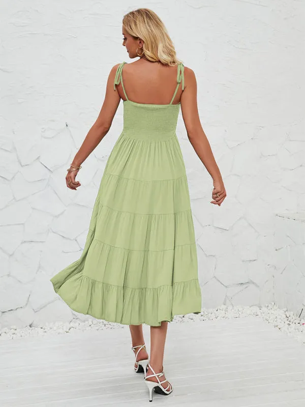 Smocked Bodice Midi Dress with Adjustable Straps and Tiered Skirt