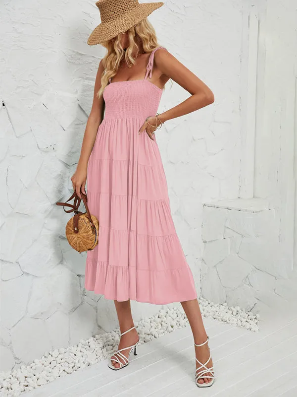 Smocked Bodice Midi Dress with Adjustable Straps and Tiered Skirt