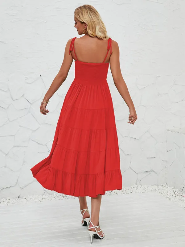 Smocked Bodice Midi Dress with Adjustable Straps and Tiered Skirt