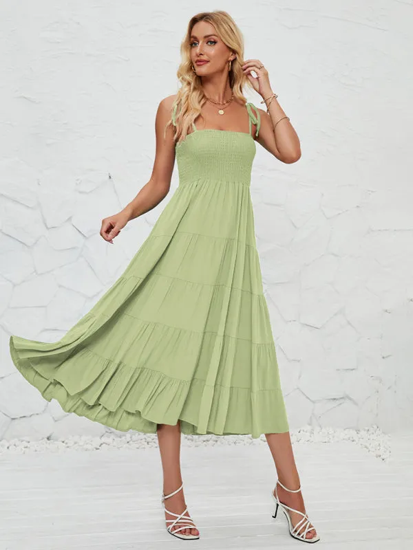 Smocked Bodice Midi Dress with Adjustable Straps and Tiered Skirt