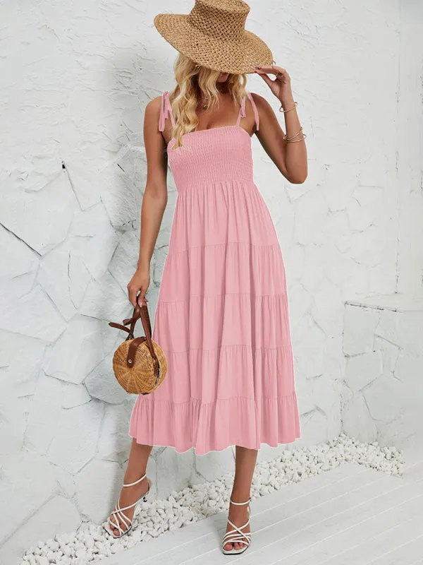Smocked Bodice Midi Dress with Adjustable Straps and Tiered Skirt