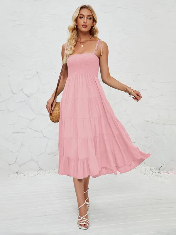 Smocked Bodice Midi Dress with Adjustable Straps and Tiered Skirt