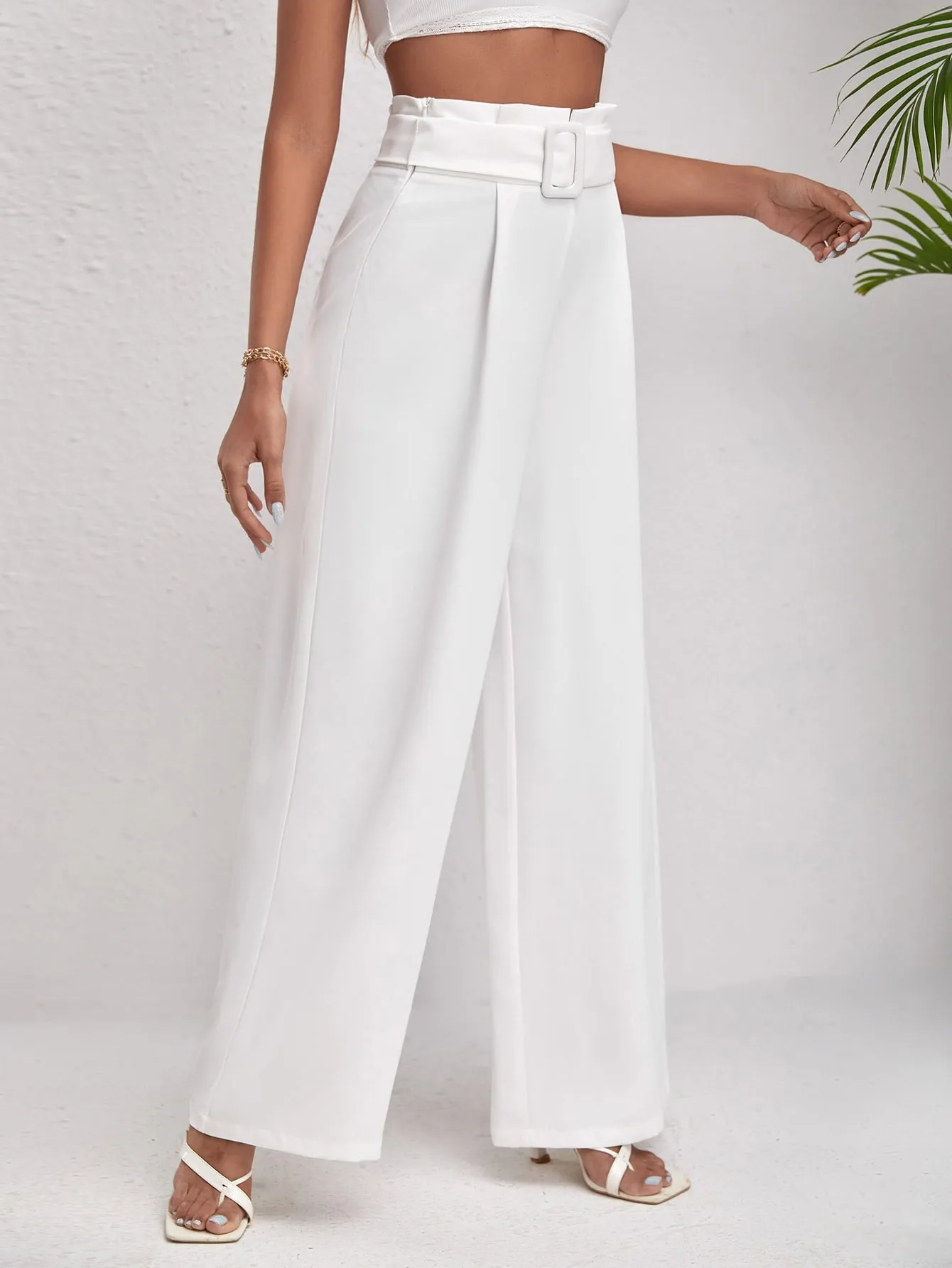 Solid Belted Wide Leg Pants