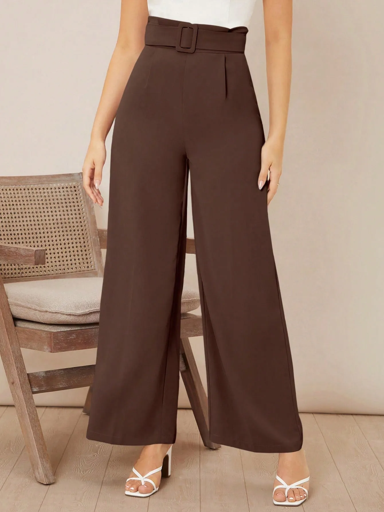 Solid Belted Wide Leg Pants