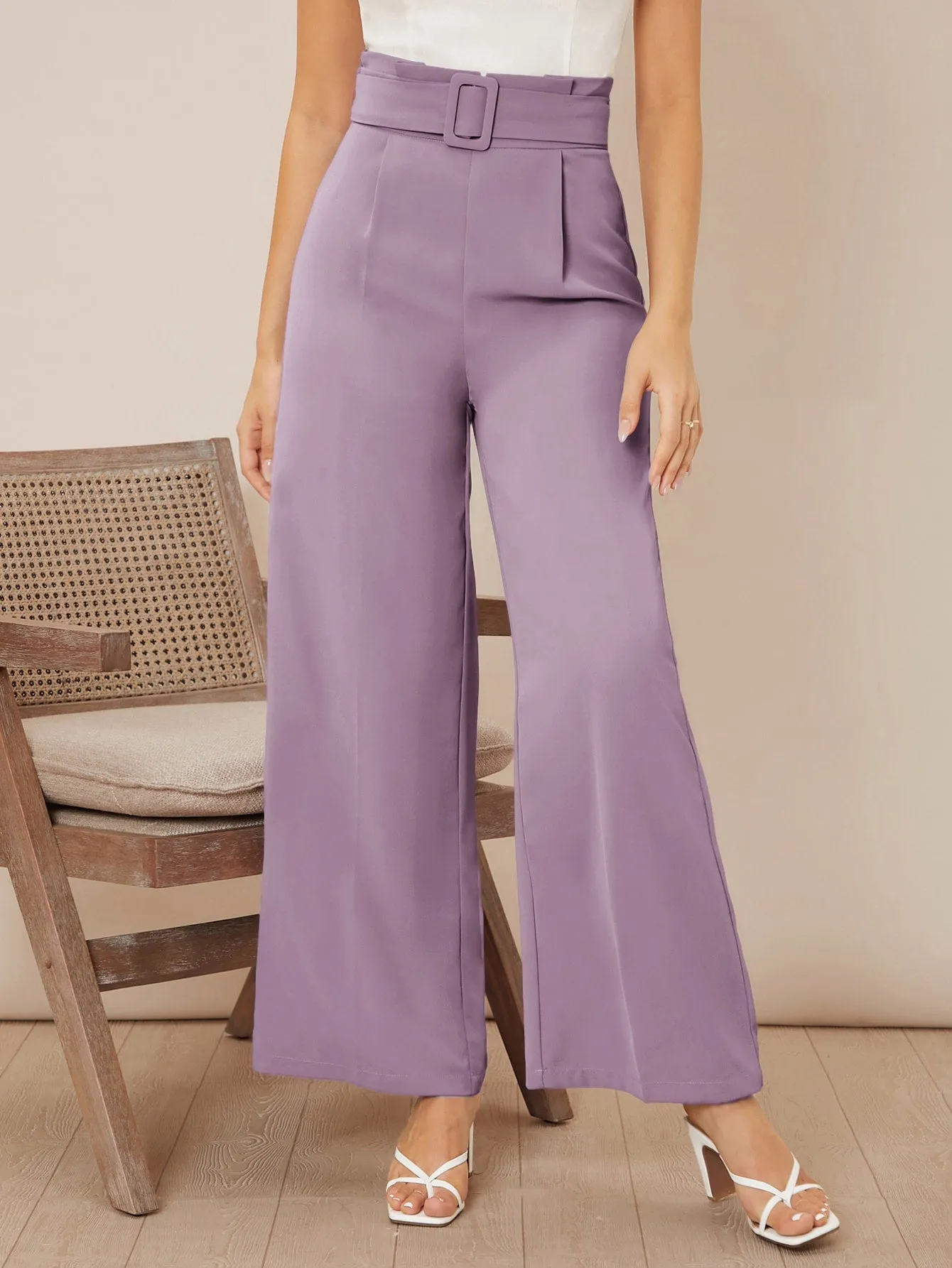 Solid Belted Wide Leg Pants